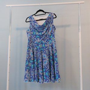 Blue Floral Paisley Dress with Cowl Neck - Size Large